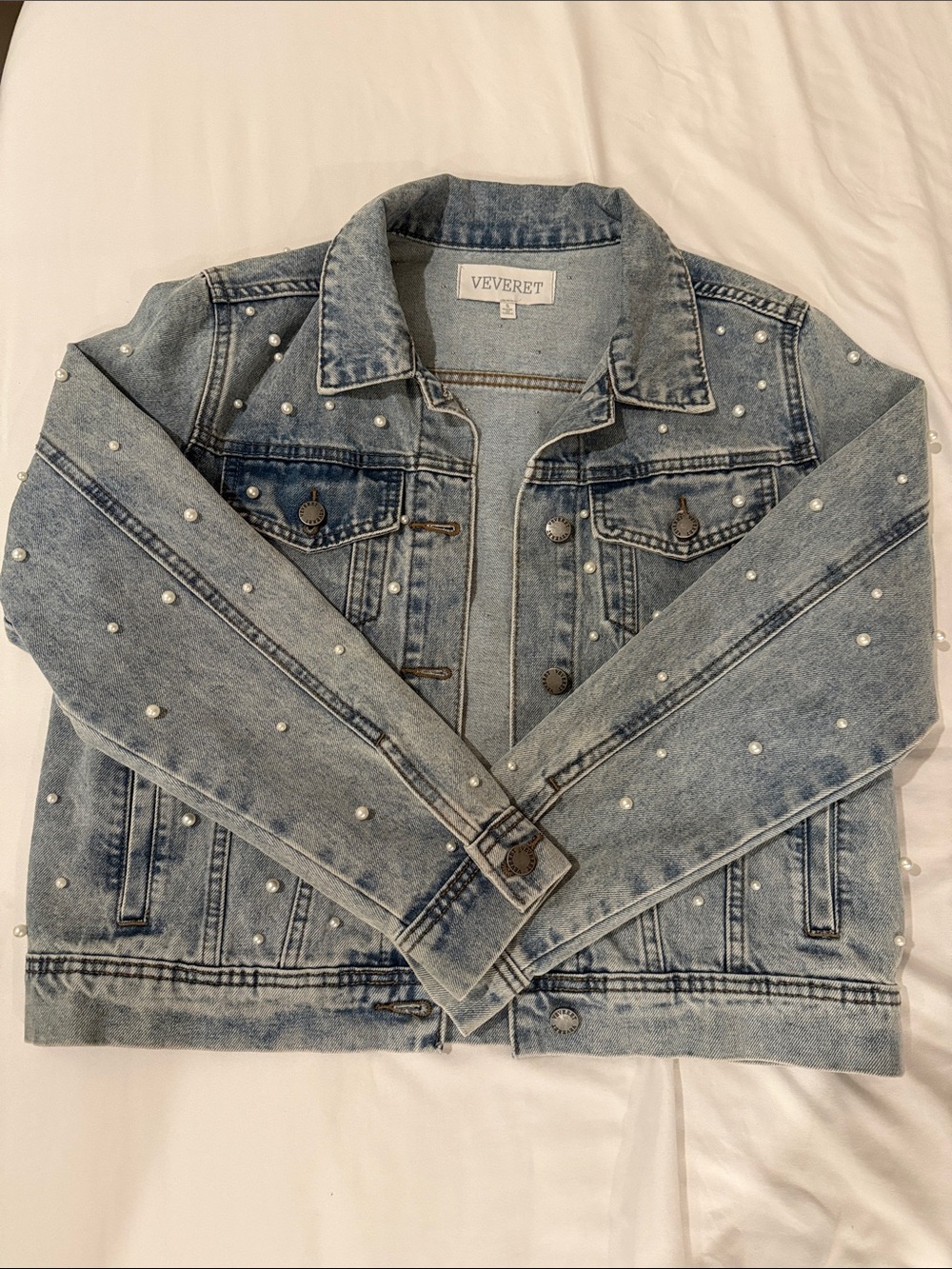 BRIDE - Pearl-Embellished Light Wash Denim Jacket